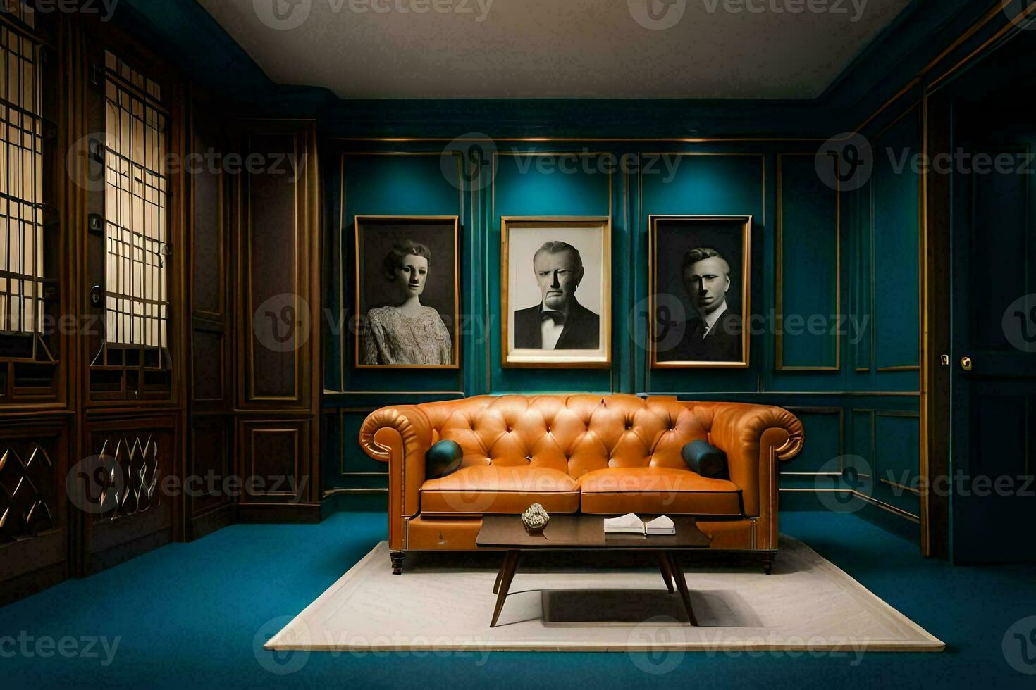 the room has a leather couch and two framed pictures. AI-Generated photo
