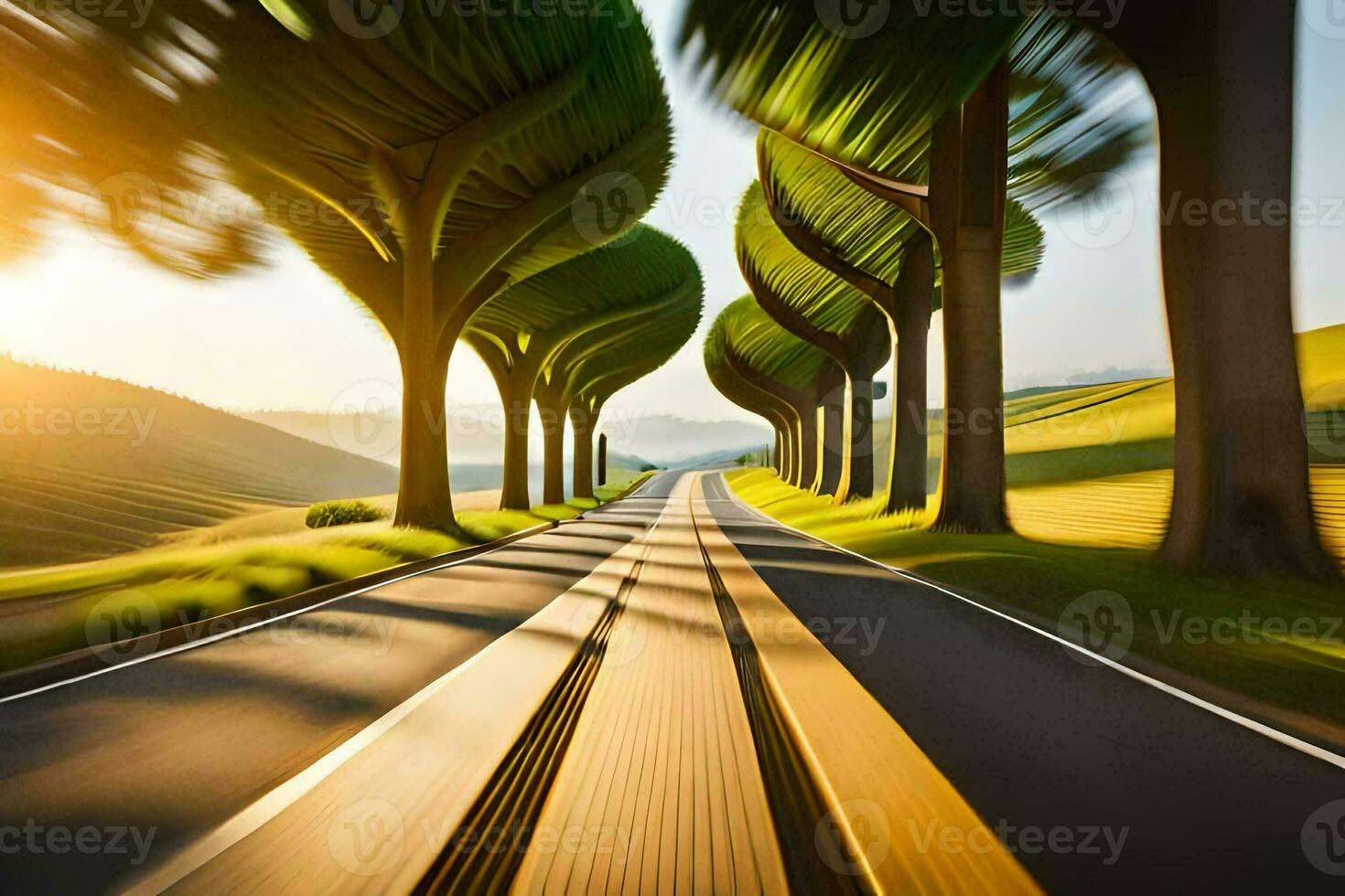 a road with trees on both sides and a sun shining. AI-Generated photo