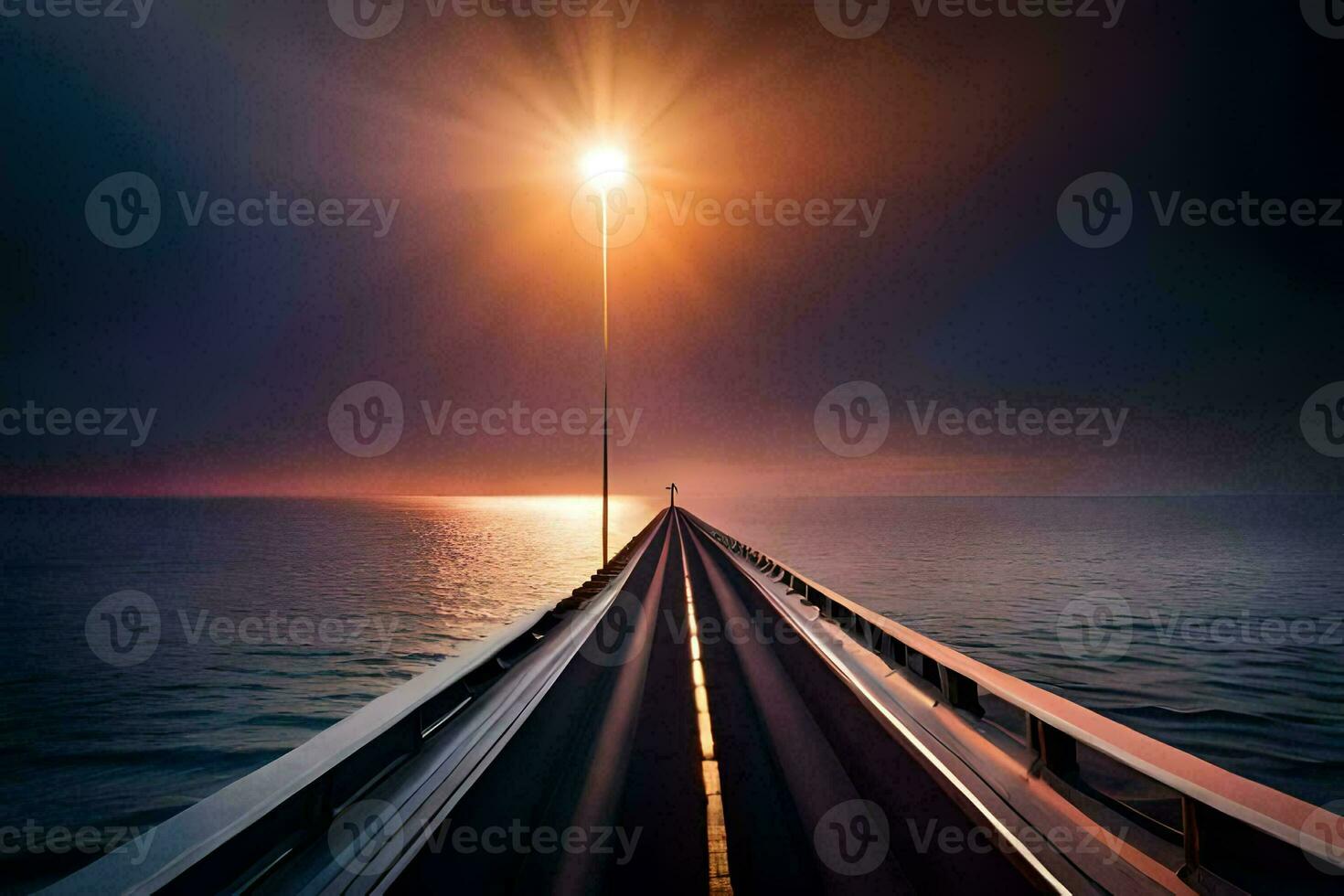 a long bridge with a light shining on it. AI-Generated photo