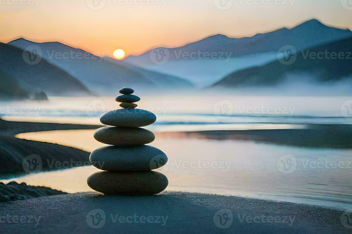 a stack of stones is sitting on the beach at sunset. AI-Generated photo