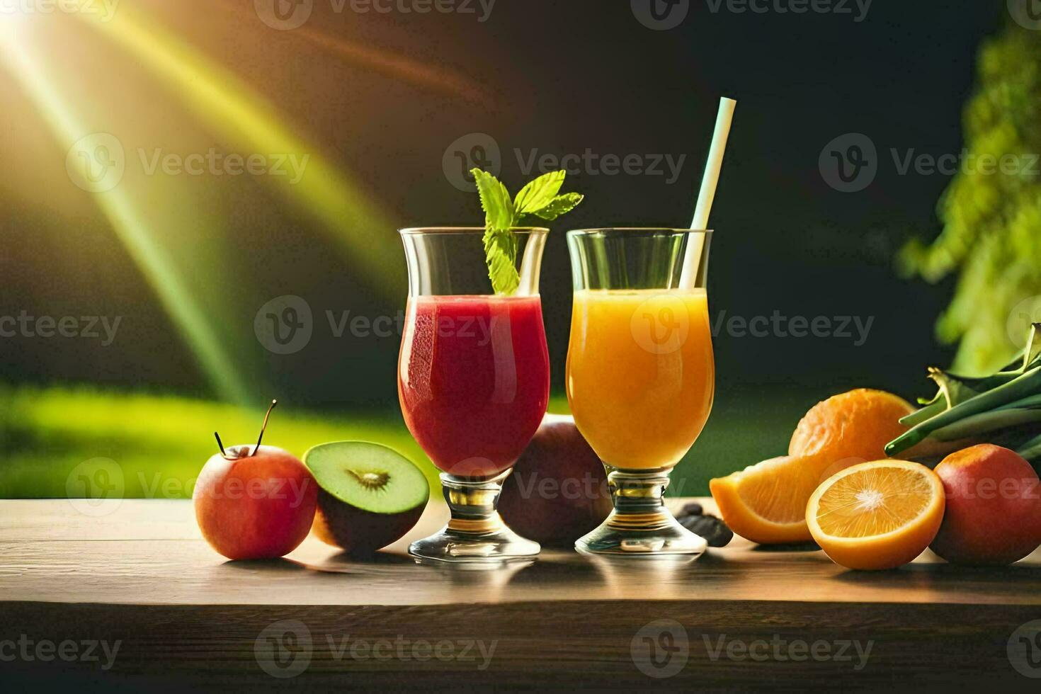 two glasses of juice with fruits and vegetables. AI-Generated photo