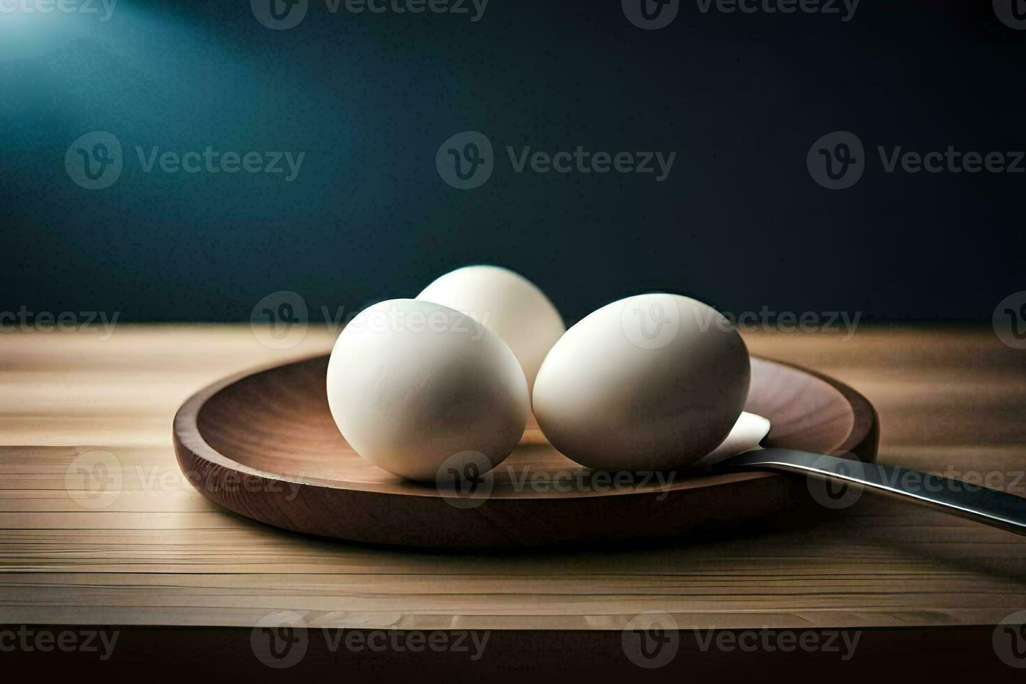 three eggs on a wooden plate with a spoon. AI-Generated photo