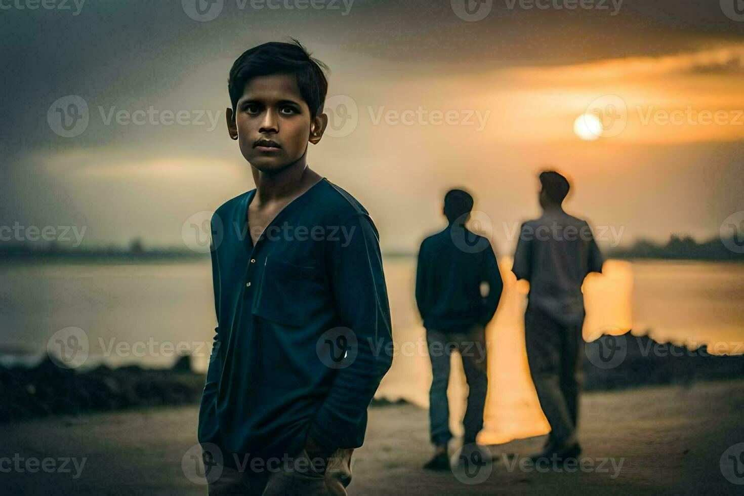 three boys stand on the beach at sunset. AI-Generated photo