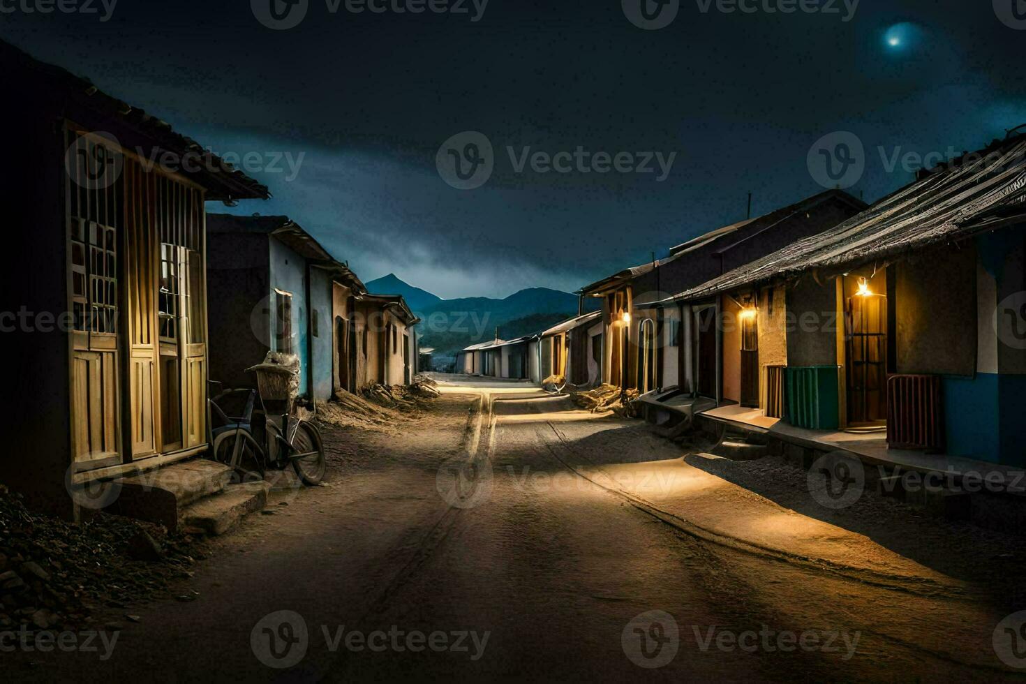 a dark street with houses and a bicycle. AI-Generated photo