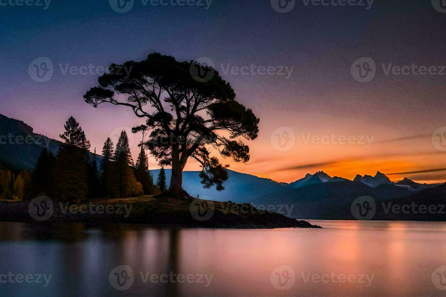 a lone tree stands on the shore of a lake at sunset. AI-Generated photo