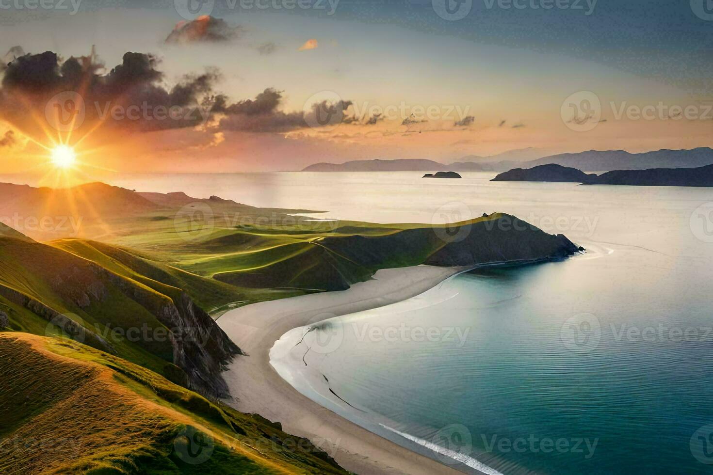 the sun rises over the ocean and the hills of the island. AI-Generated photo