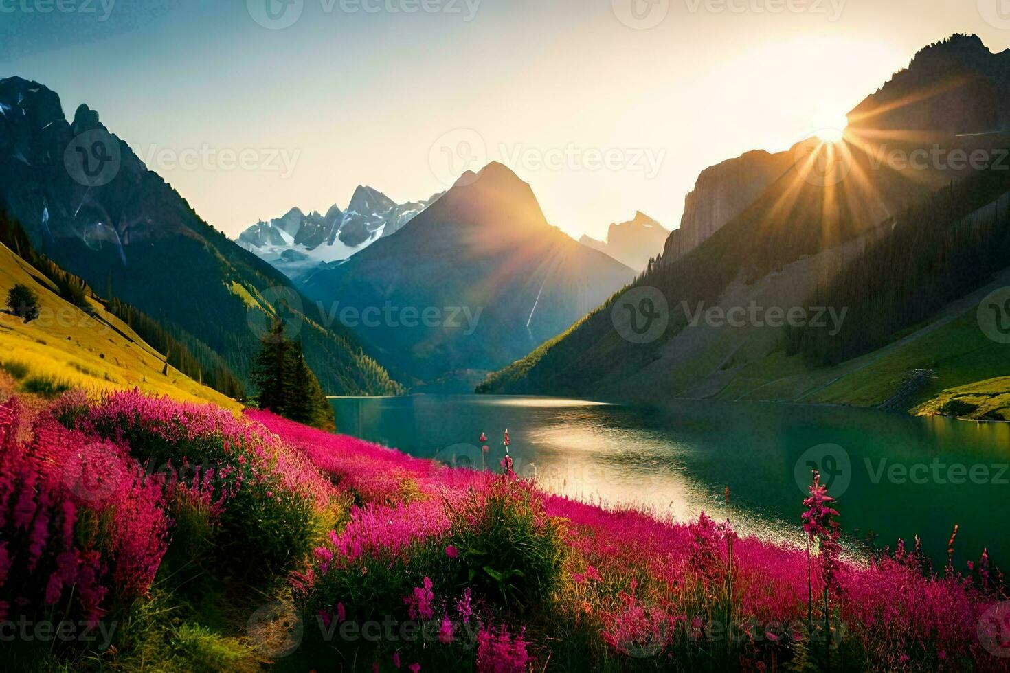 the sun rises over a lake in the mountains. AI-Generated photo