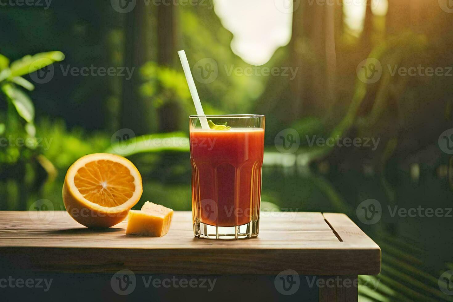 un vaso de naranja jugo con un Paja en un mesa en el bosque. generado por ai foto