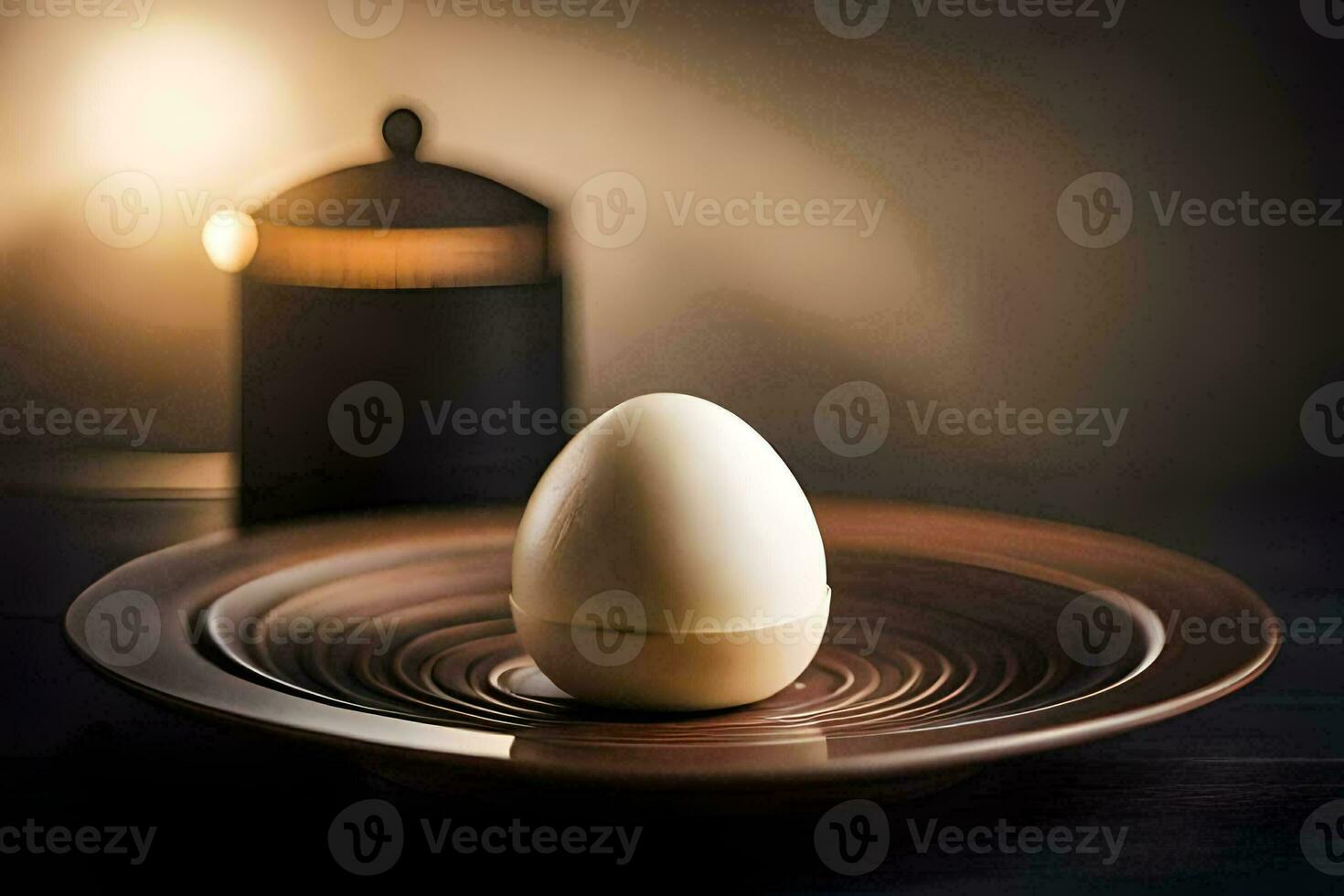 an egg on a plate with a candle in the background. AI-Generated photo