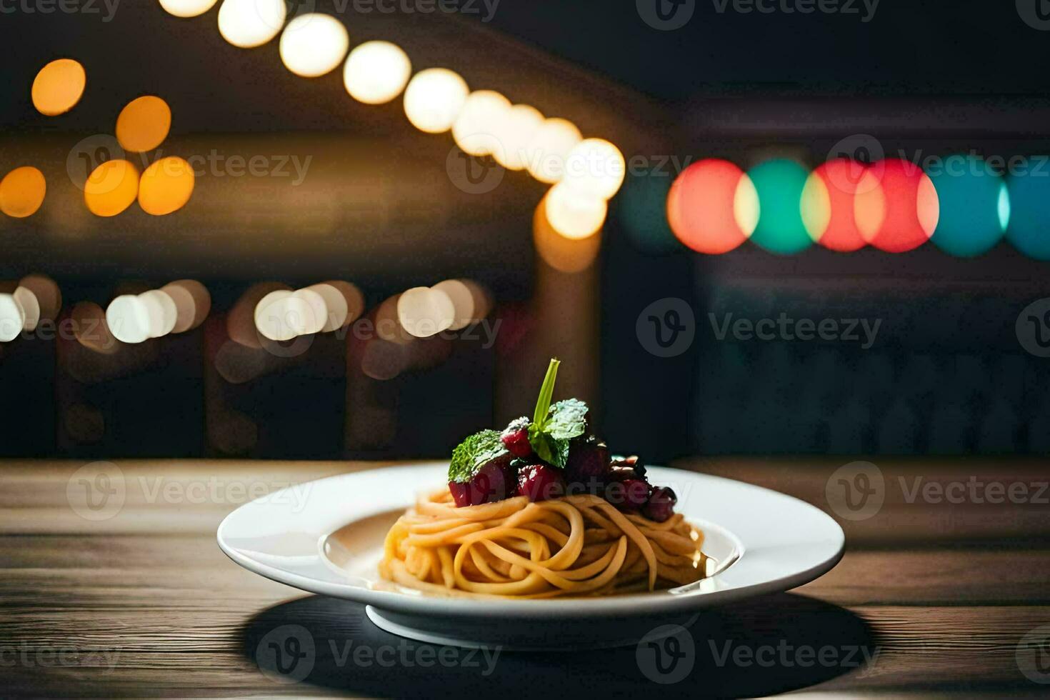 a plate of spaghetti with cherry on top on a table. AI-Generated photo