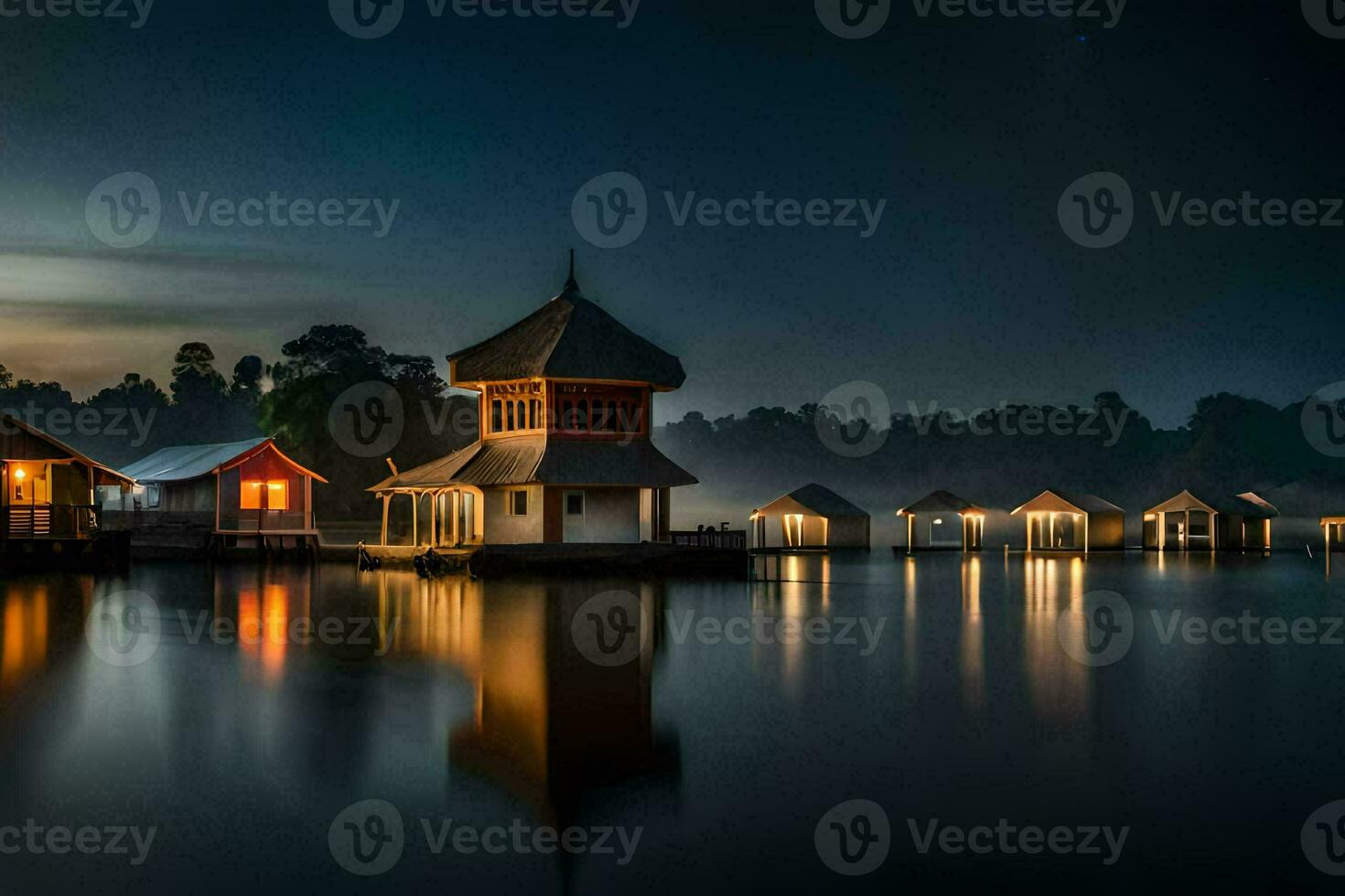 a lake at night with a few houses on it. AI-Generated photo