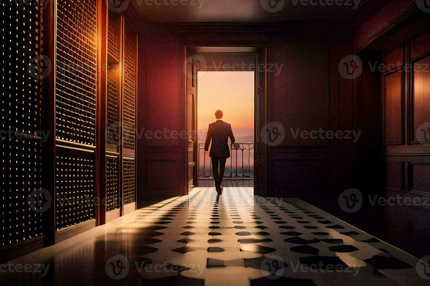 a man is walking down a hallway with a door open. AI-Generated photo