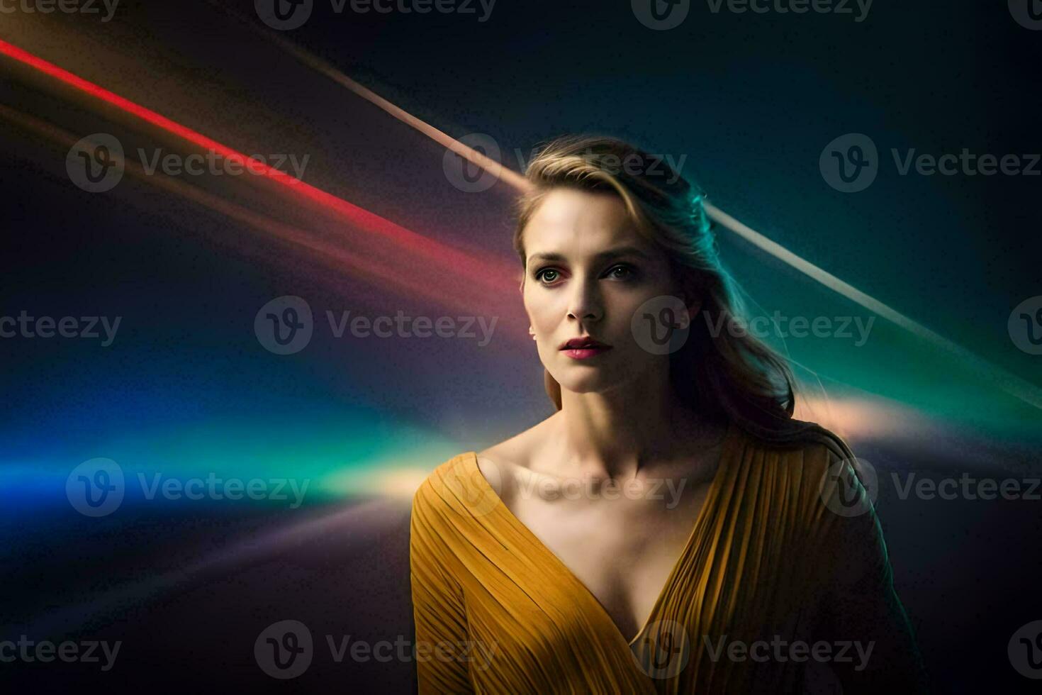 a woman in a yellow dress is standing in front of a colorful light. AI-Generated photo