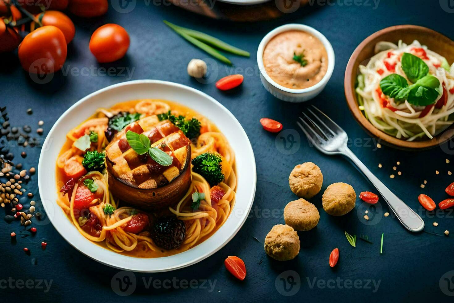 un plato de comida con verduras, carne y salsa. generado por ai foto