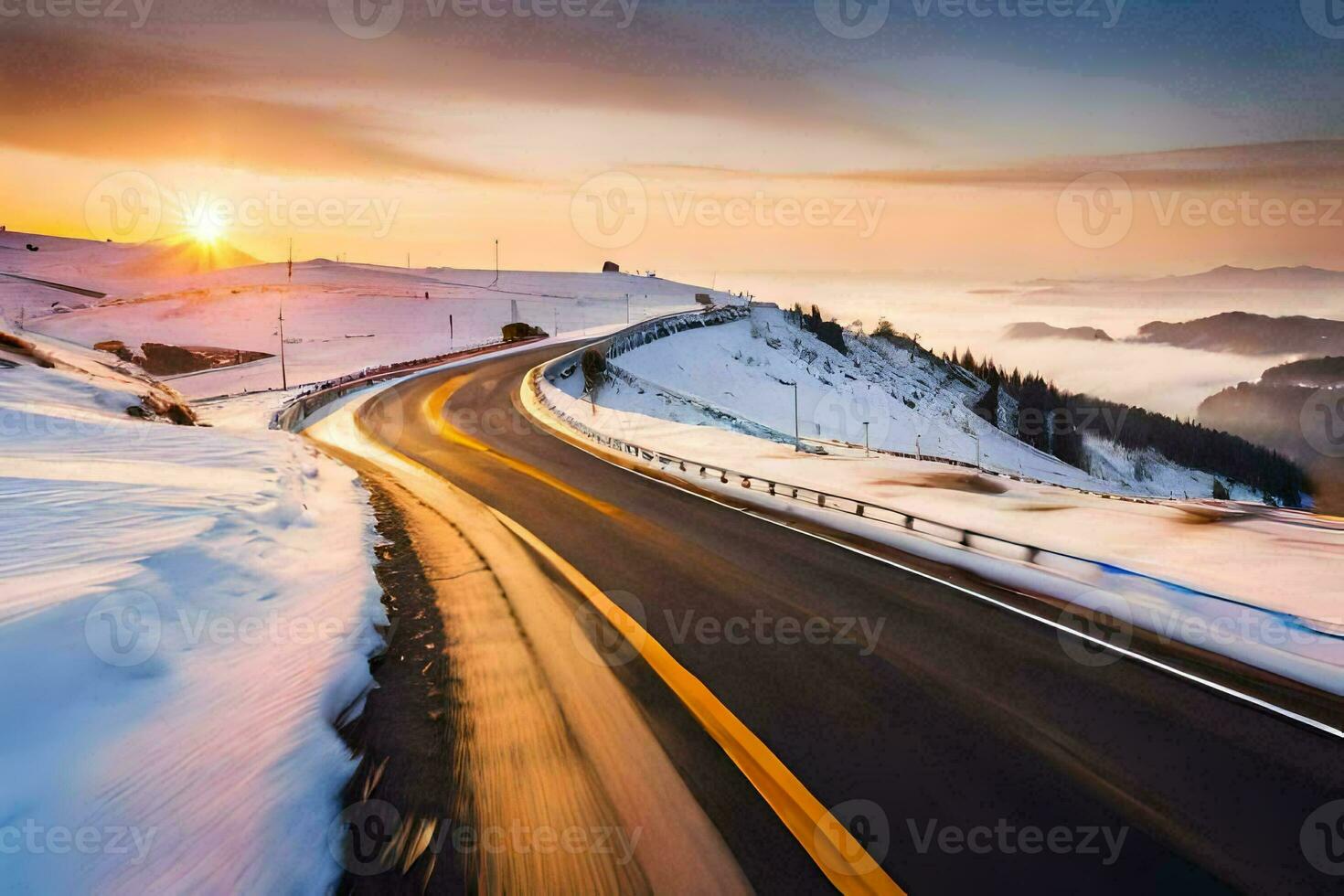 a road in the mountains with snow on the ground. AI-Generated photo