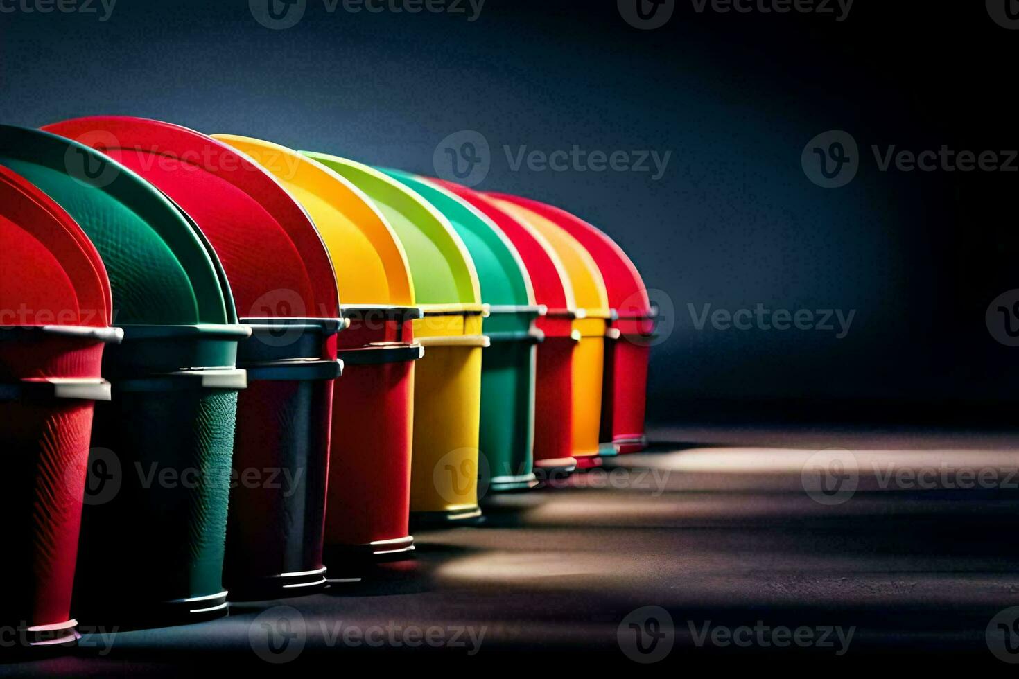 a row of colorful plastic buckets. AI-Generated photo