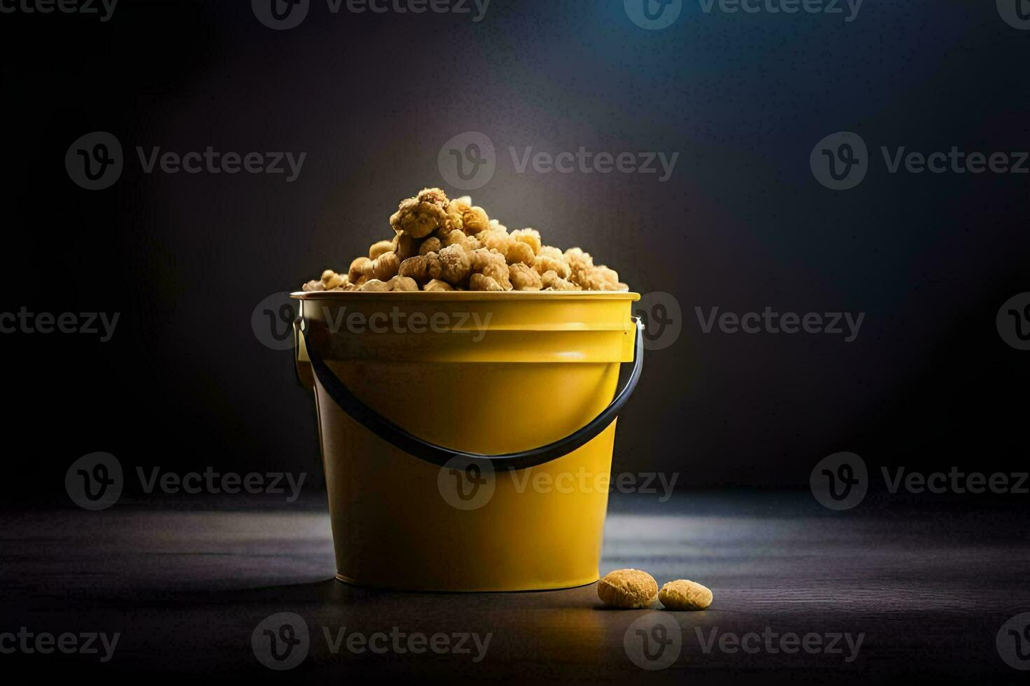 a bucket filled with peanuts on a dark background. AI-Generated photo