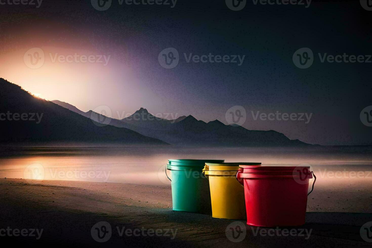 three buckets sit on the beach at sunset. AI-Generated photo