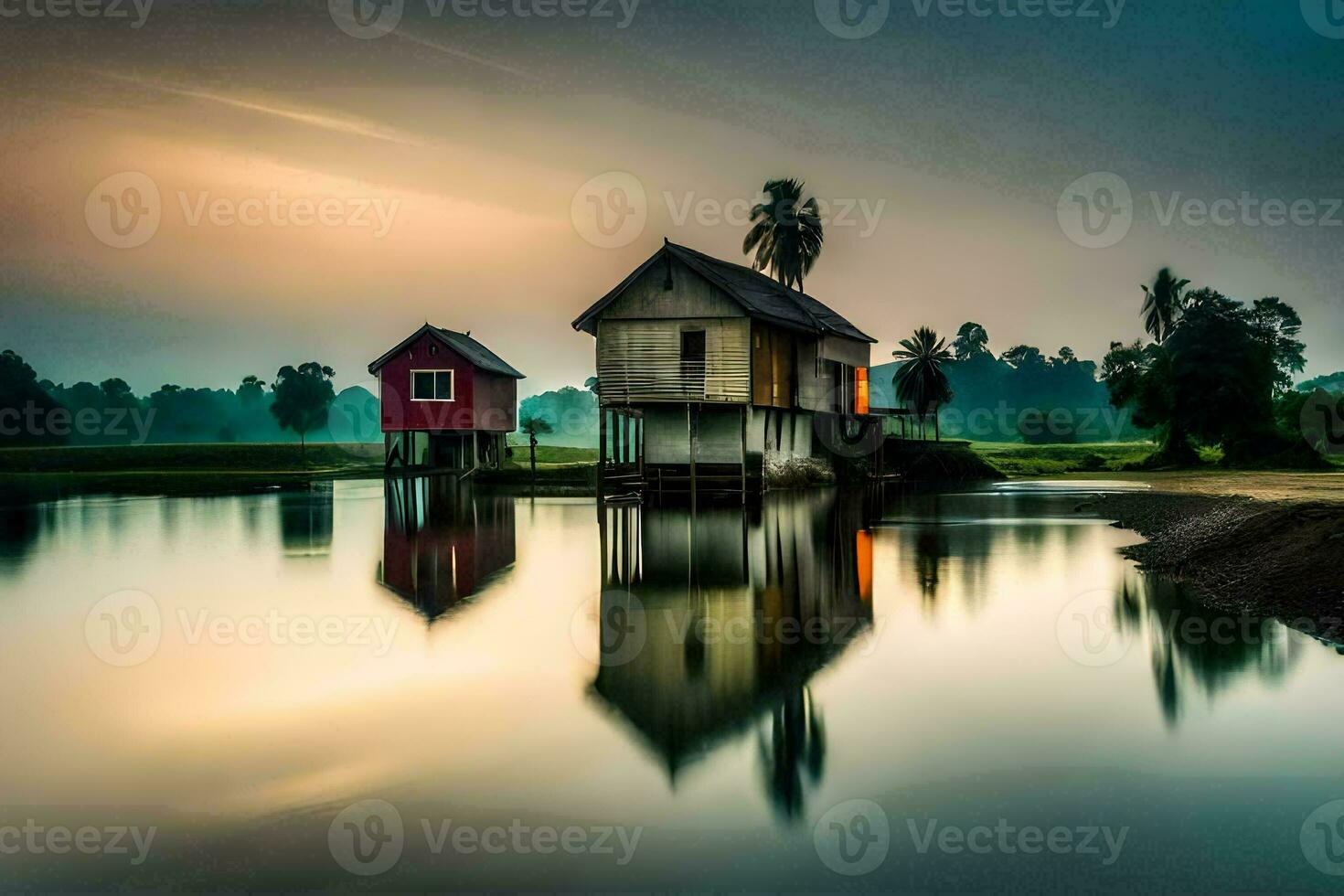 two houses sit on the edge of a lake at sunset. AI-Generated photo