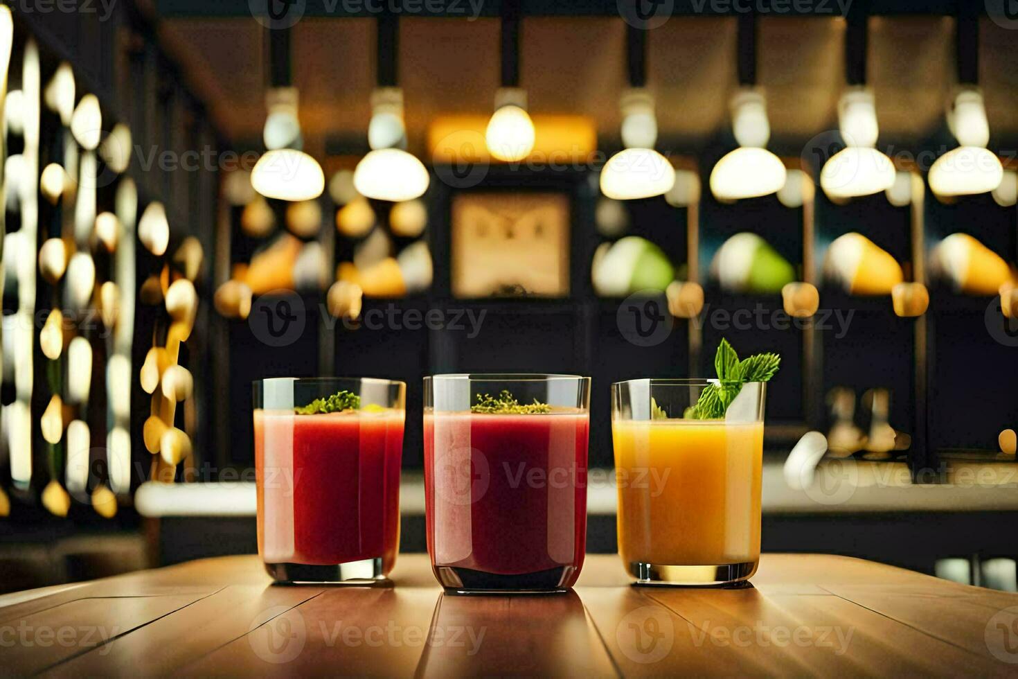 three glasses of juice on a wooden table. AI-Generated photo