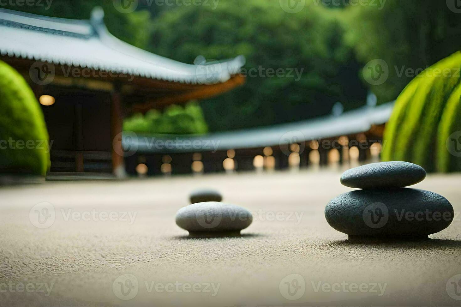 stones in a garden with a building in the background. AI-Generated photo