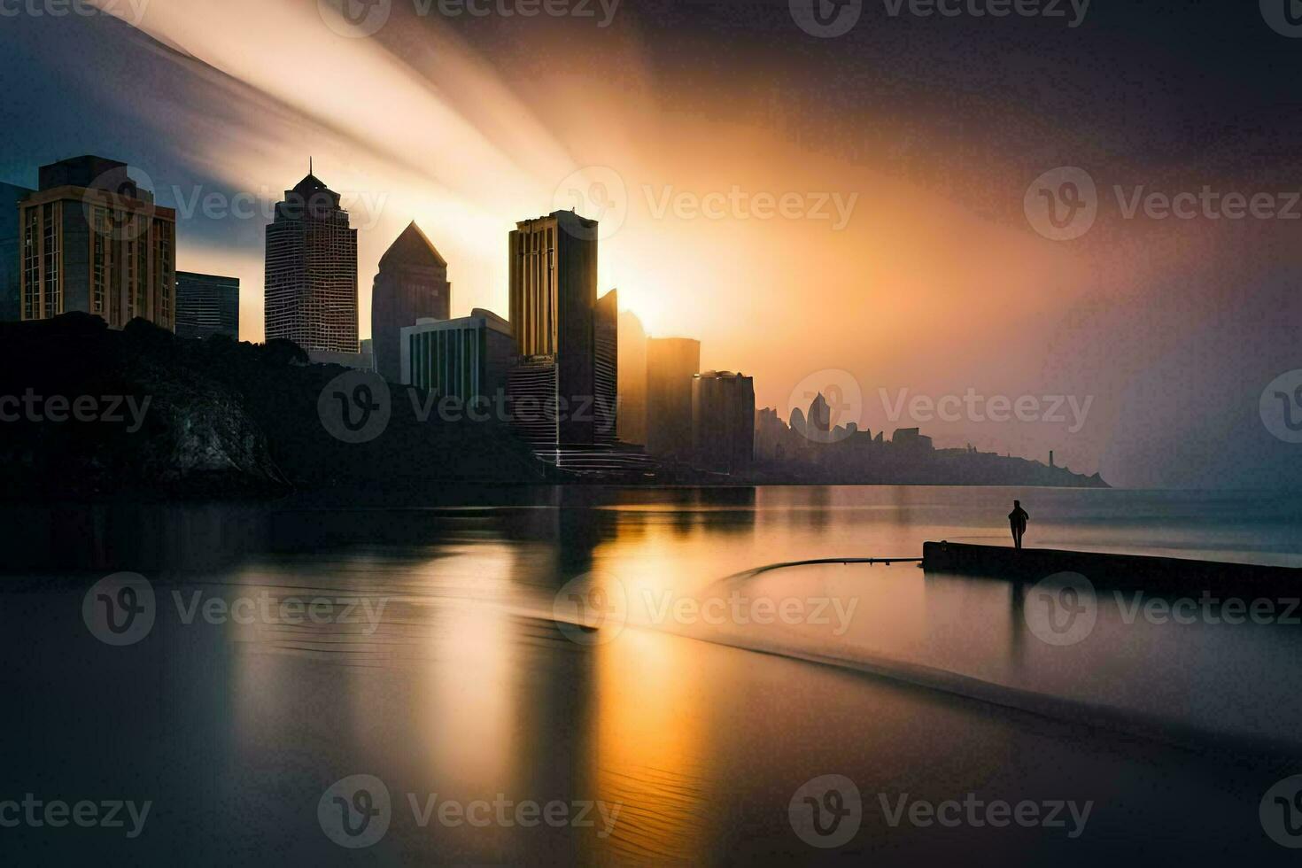 a man stands on the edge of a pier looking at the city skyline. AI-Generated photo