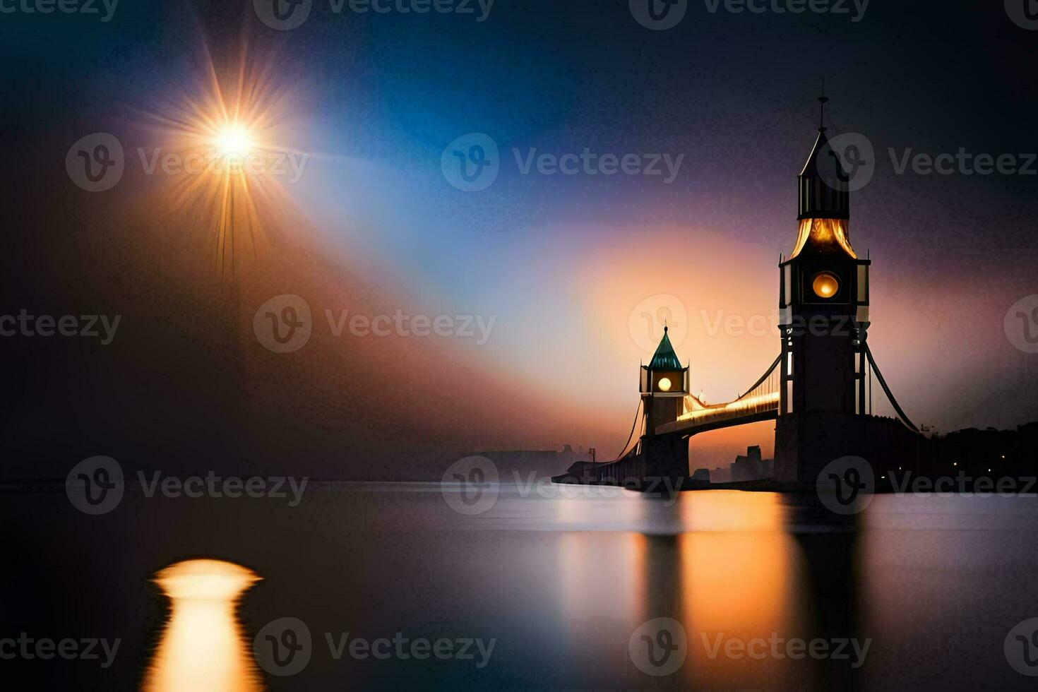 un torre de un Iglesia es visto en el distancia a noche. generado por ai foto