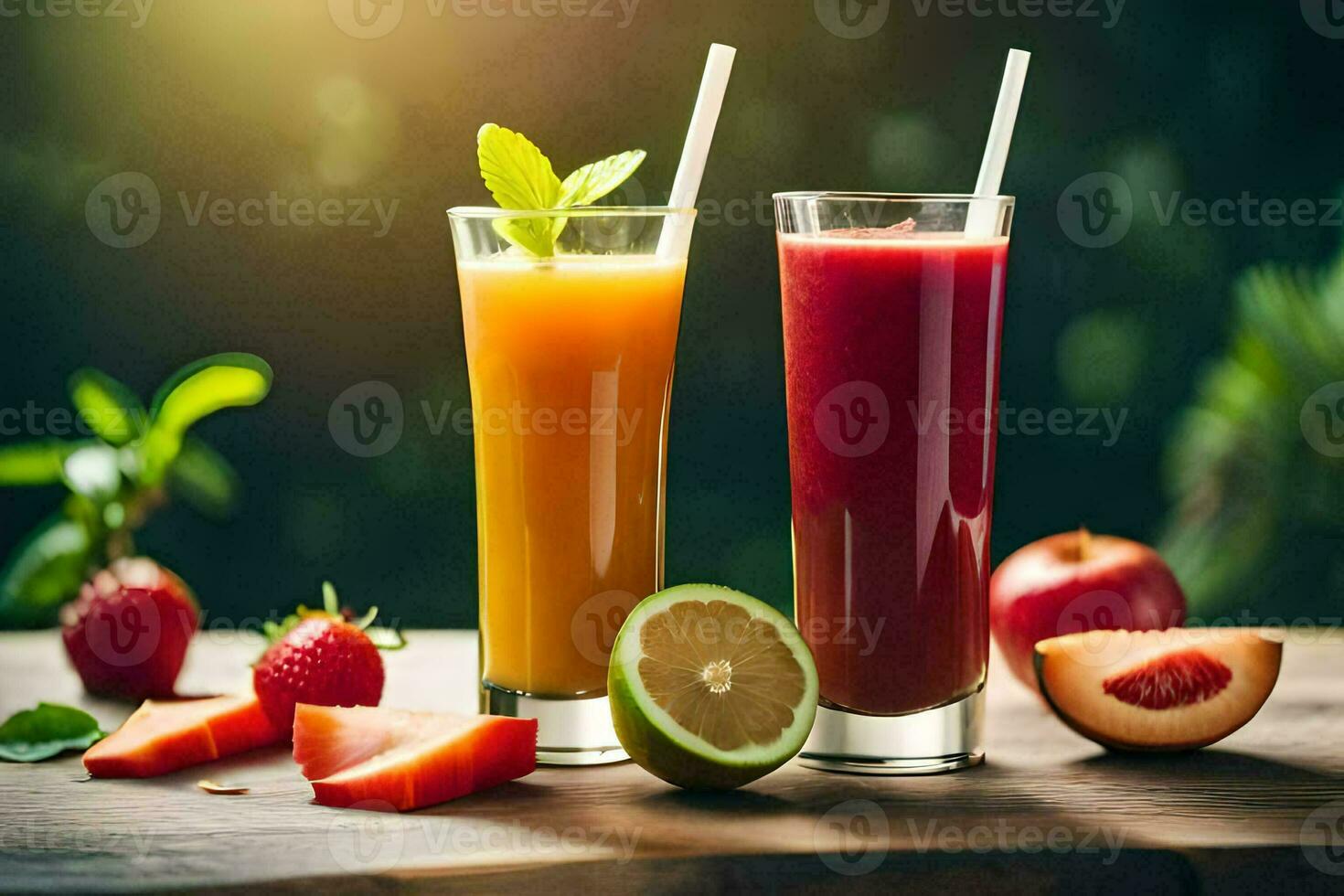 two glasses of juice with strawberries and strawberries. AI-Generated photo