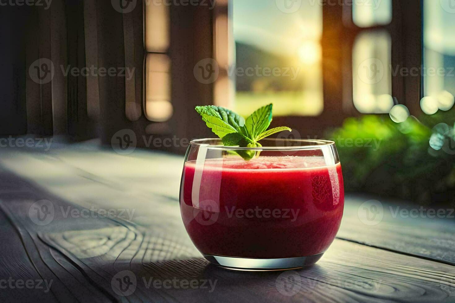 a glass of red juice on a wooden table. AI-Generated photo