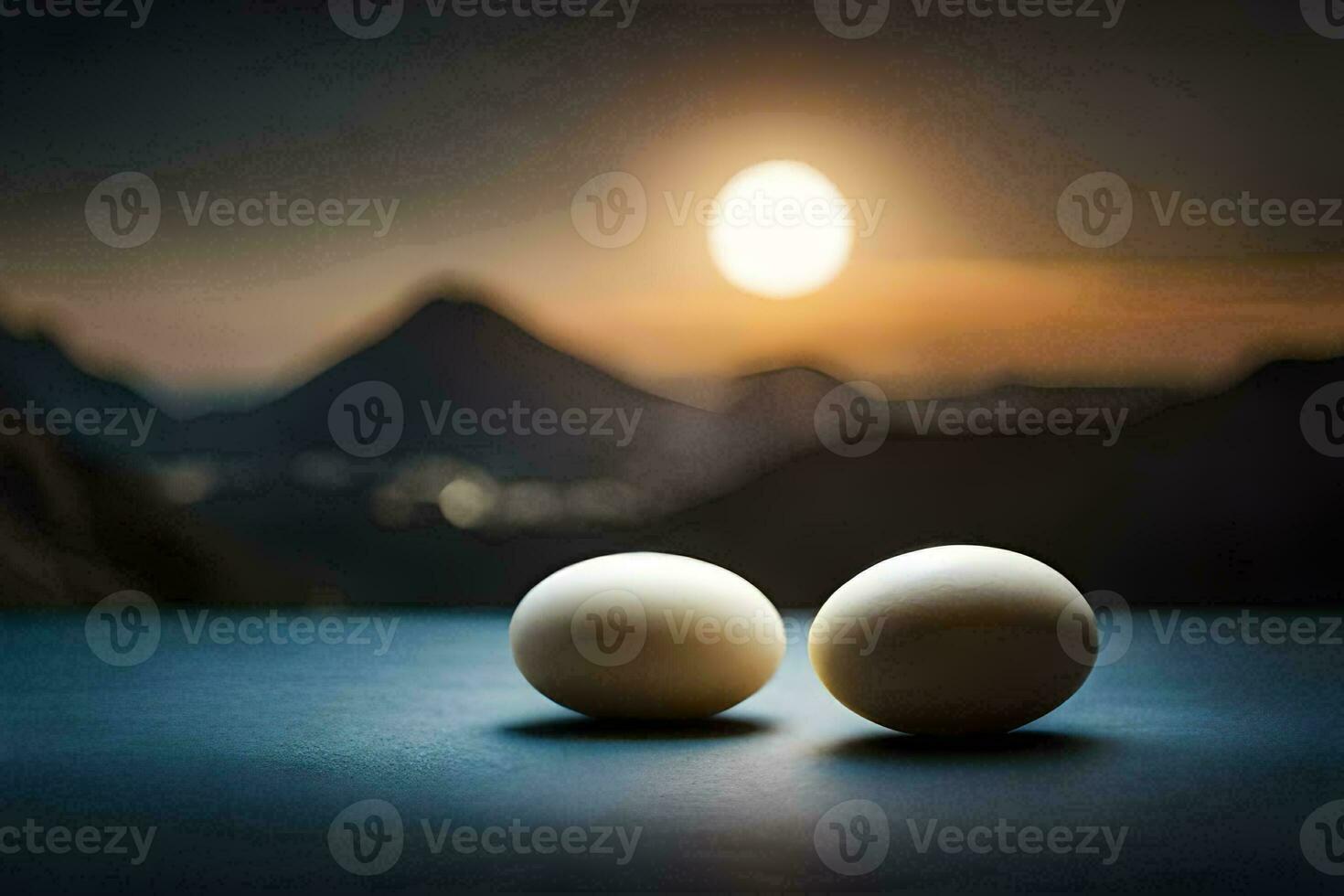 two eggs sit on a table in front of a mountain. AI-Generated photo