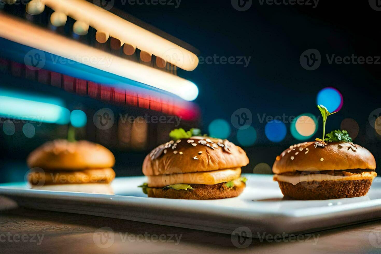 three mini burgers on a white plate. AI-Generated photo