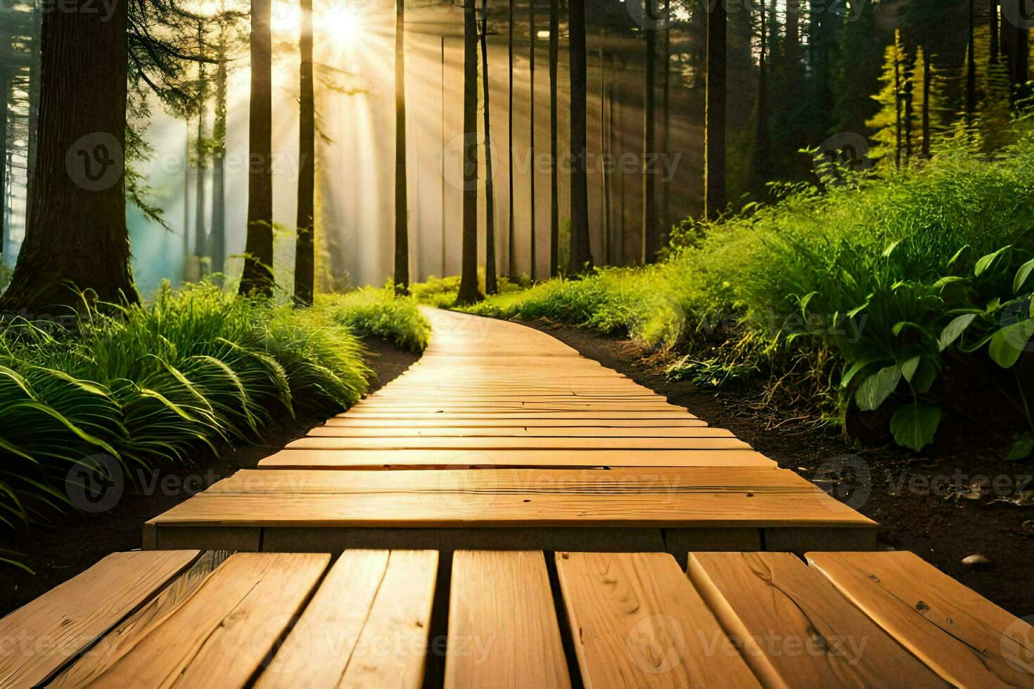 wooden path in the forest with sun rays. AI-Generated photo