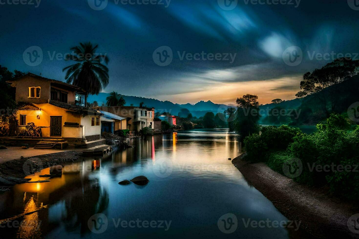 a river at night with houses and palm trees. AI-Generated photo