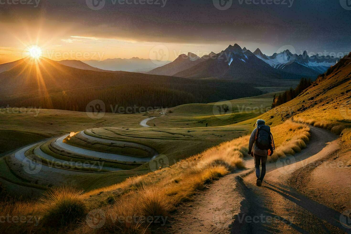 a person walks along a path in the mountains. AI-Generated photo