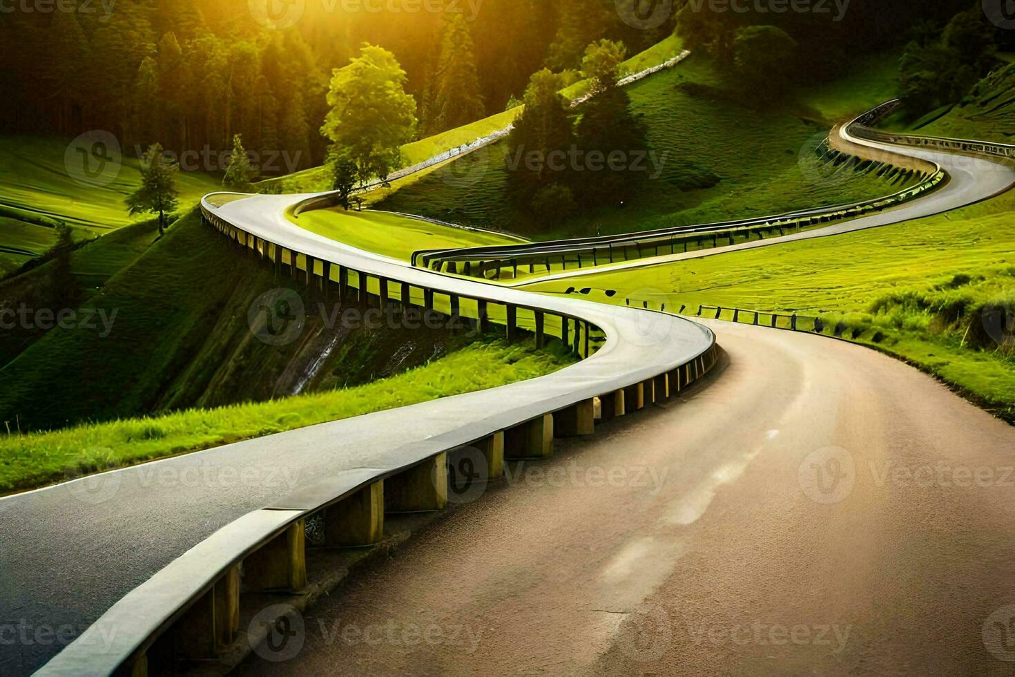 a winding road in the mountains with the sun setting. AI-Generated photo