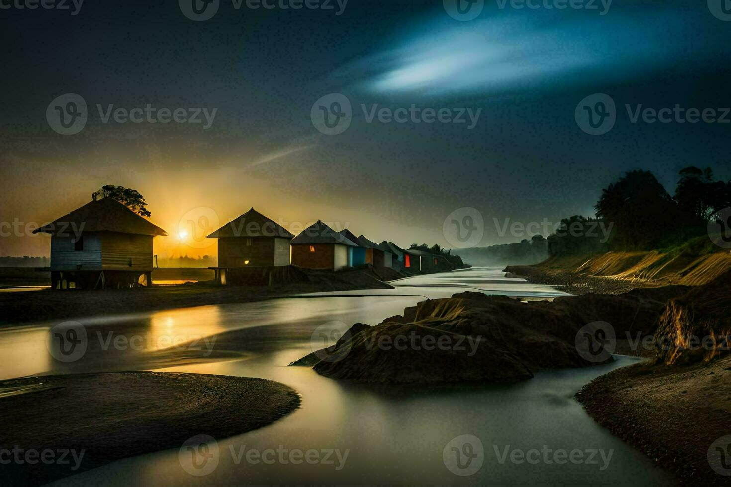 a river at sunset with houses on the shore. AI-Generated photo