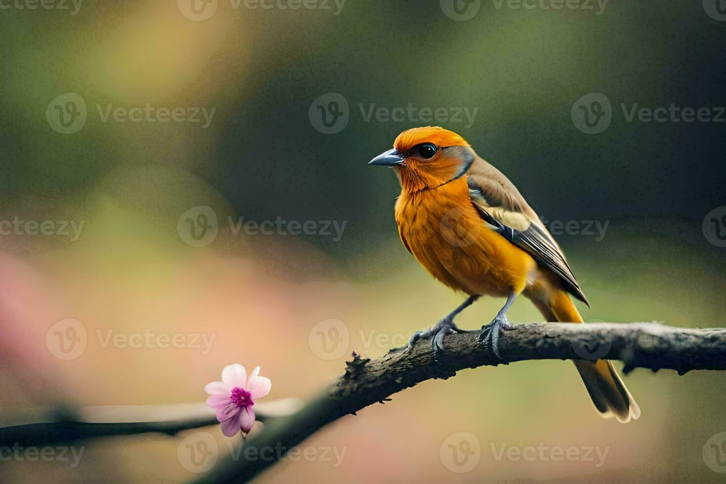 un pequeño naranja pájaro se sienta en un rama con un rosado flor. generado por ai foto