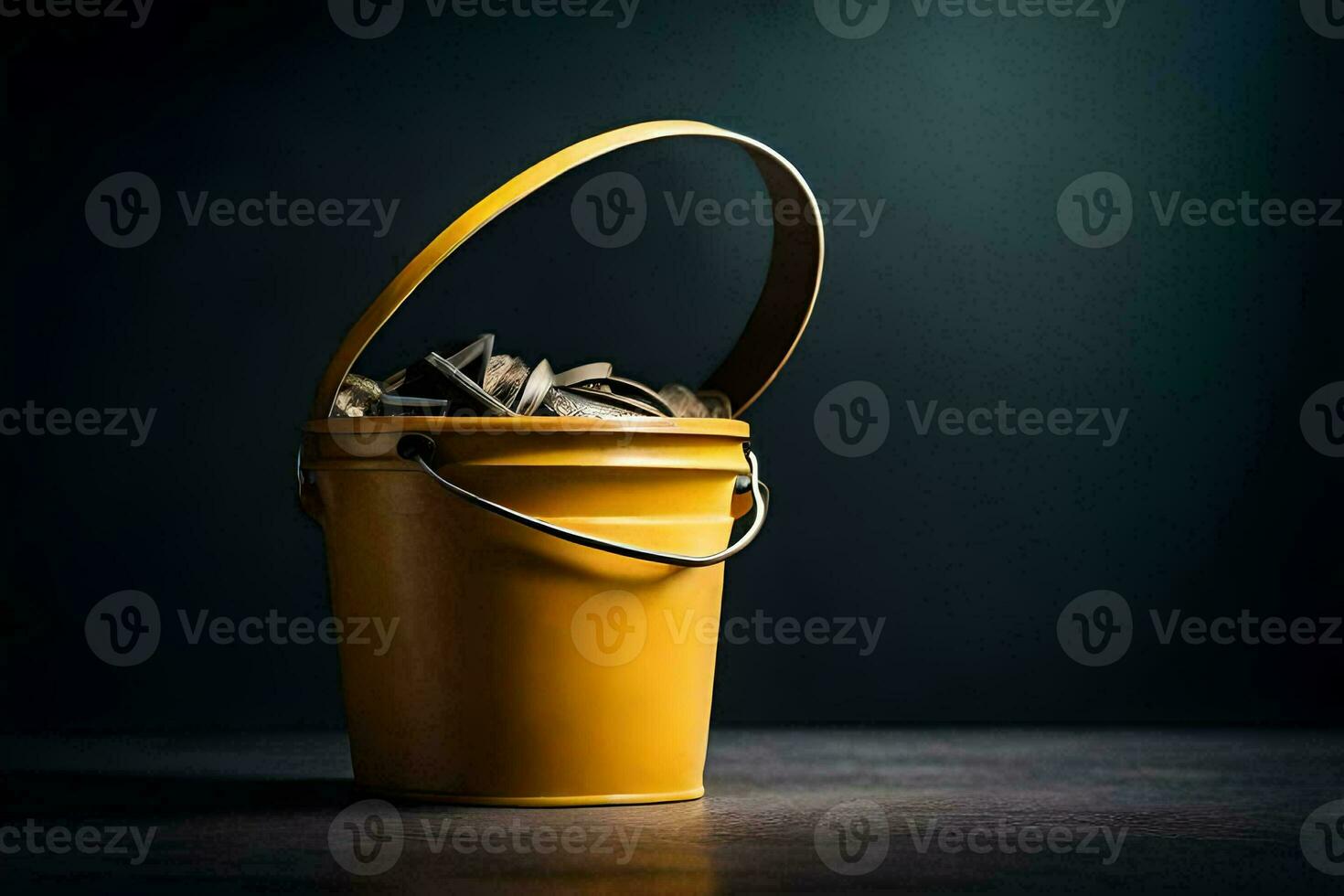 a bucket filled with coins on a dark background. AI-Generated photo