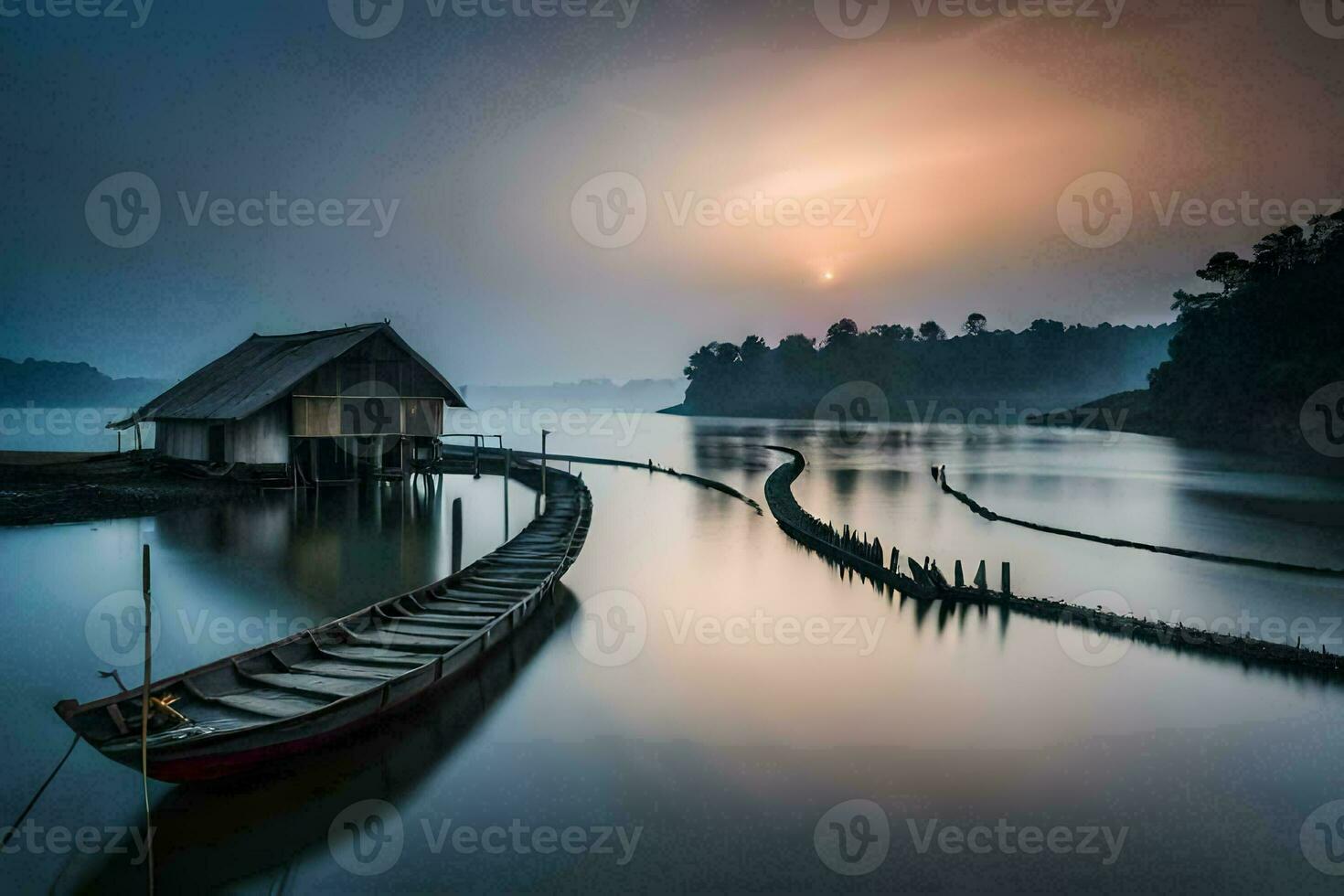 un barco es atracado en el medio de un lago. generado por ai foto