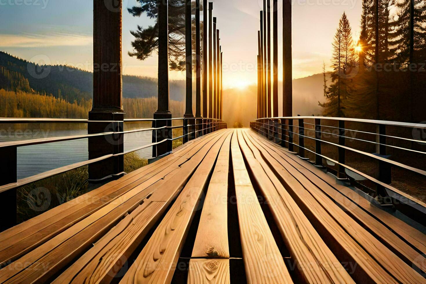 a wooden bridge over a lake with the sun setting behind it. AI-Generated photo