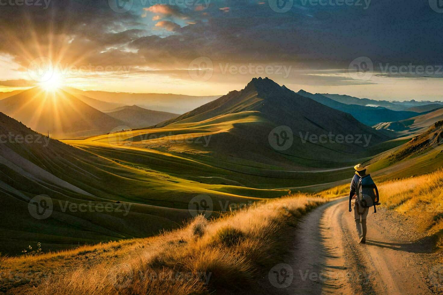 un hombre camina en un suciedad la carretera en el montañas. generado por ai foto