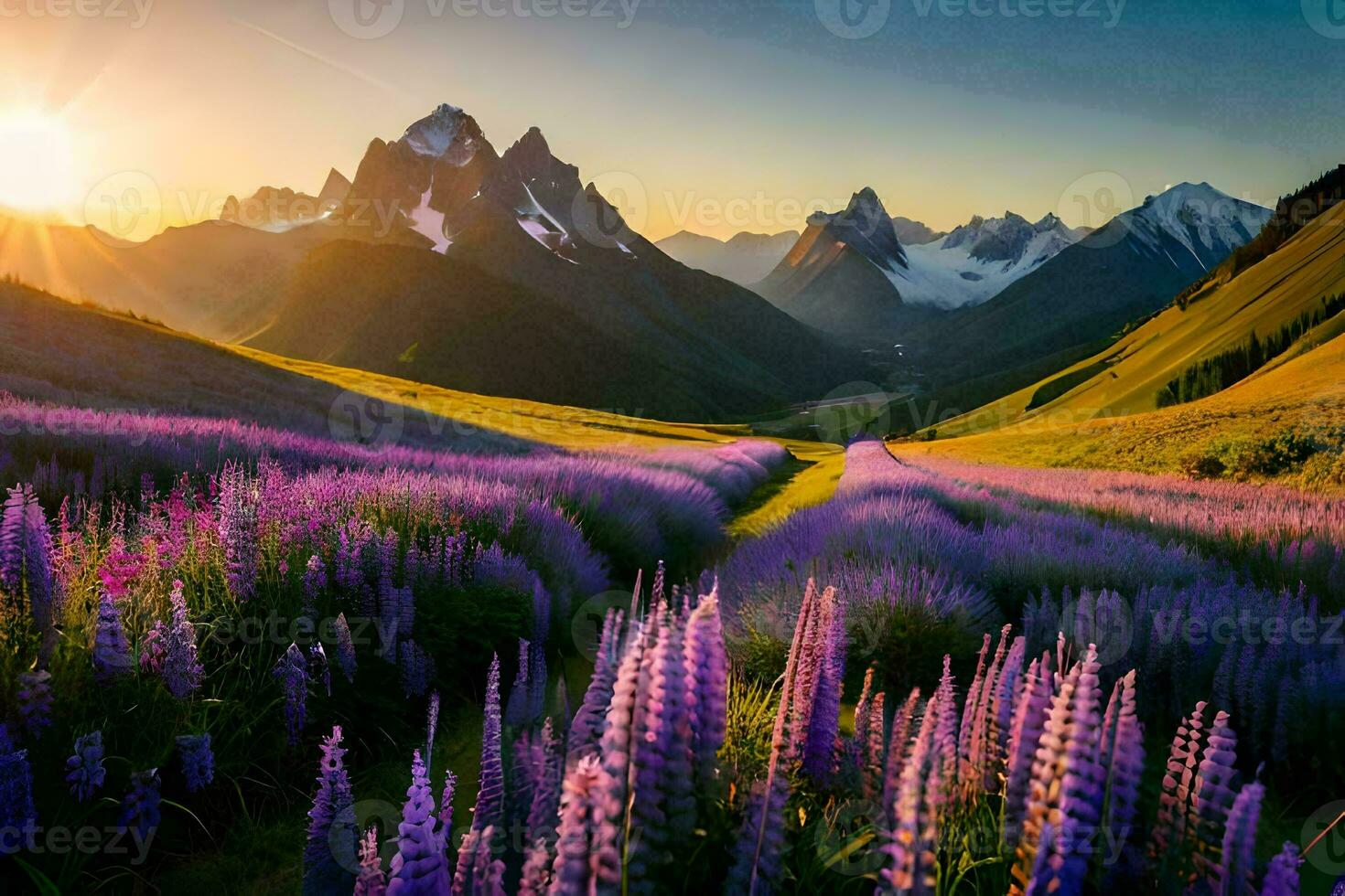 the sun rises over the mountains and the flowers bloom. AI-Generated photo