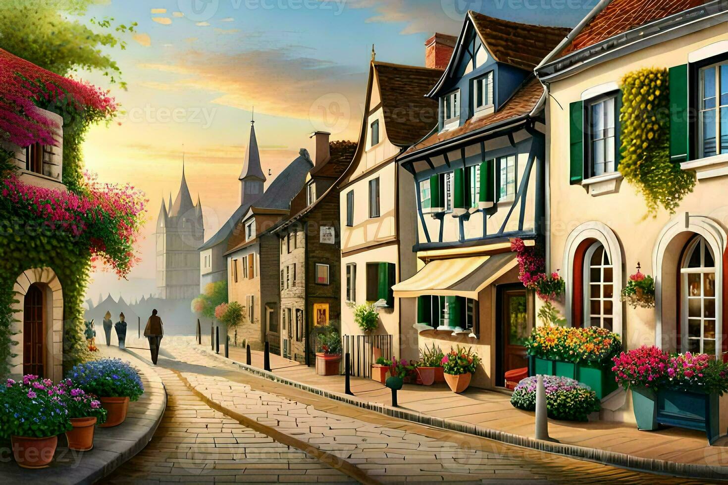 a painting of a street with flowers and buildings. AI-Generated photo