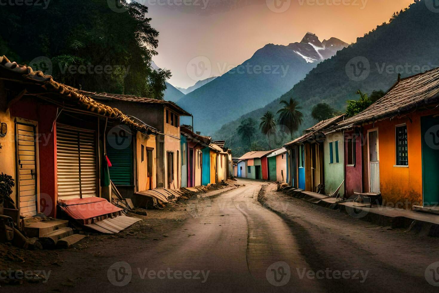 a street in the mountains with colorful houses. AI-Generated photo