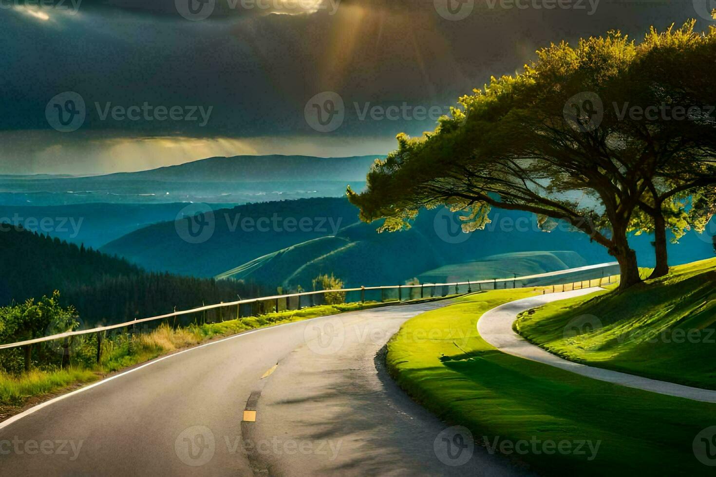 a scenic road with trees and mountains in the background. AI-Generated photo