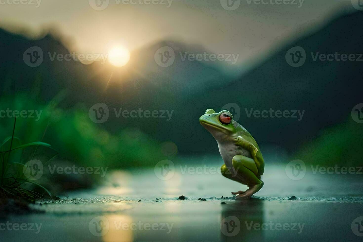 a frog sitting on the ground in front of a river. AI-Generated photo
