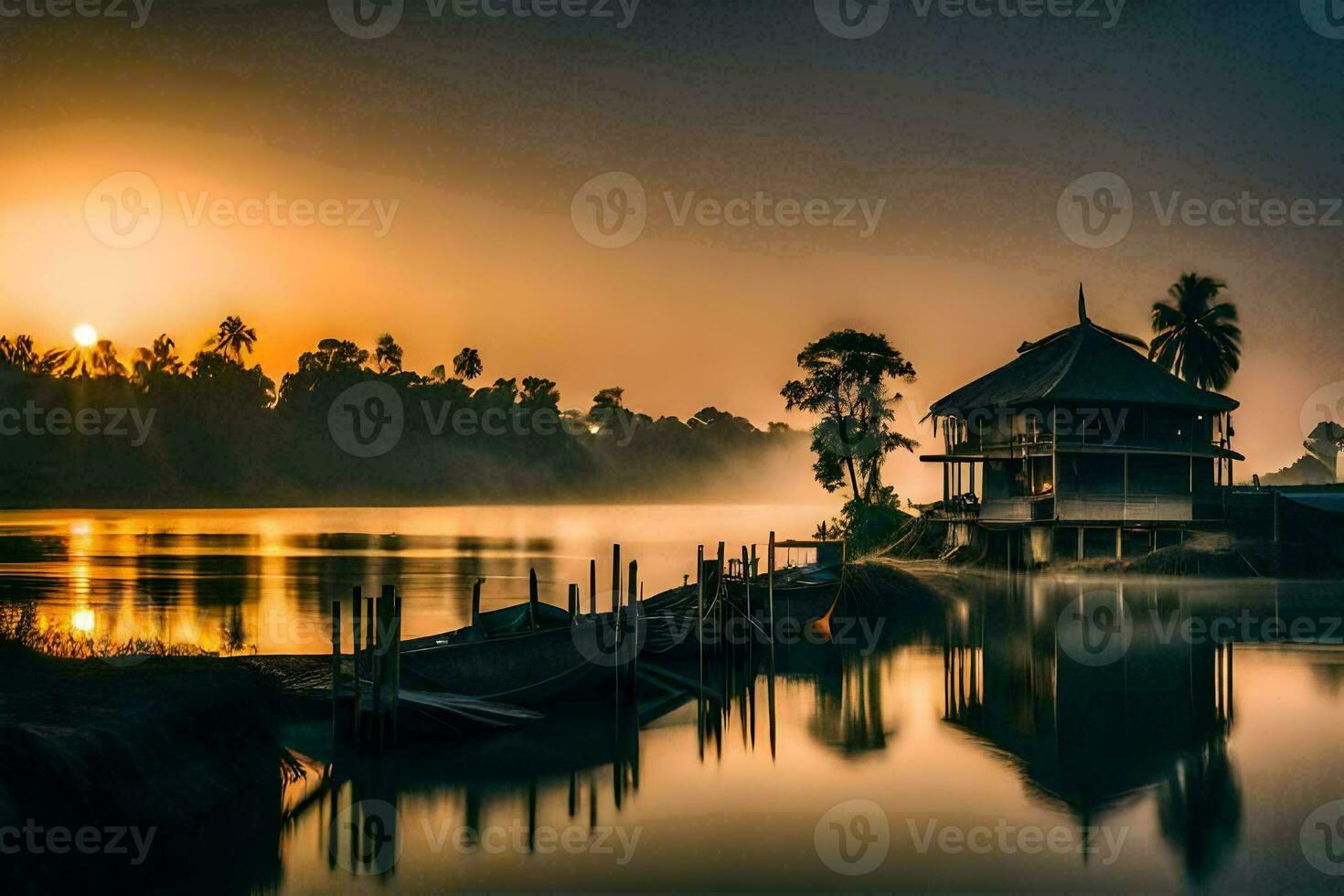 a house on the water at sunrise. AI-Generated photo
