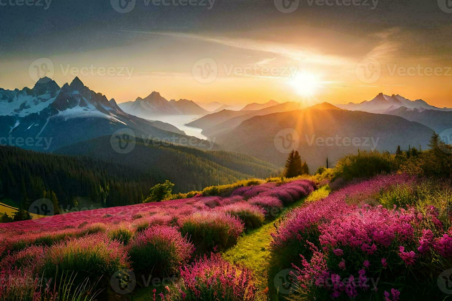 the sun rises over the mountains and flowers in the foreground. AI-Generated photo