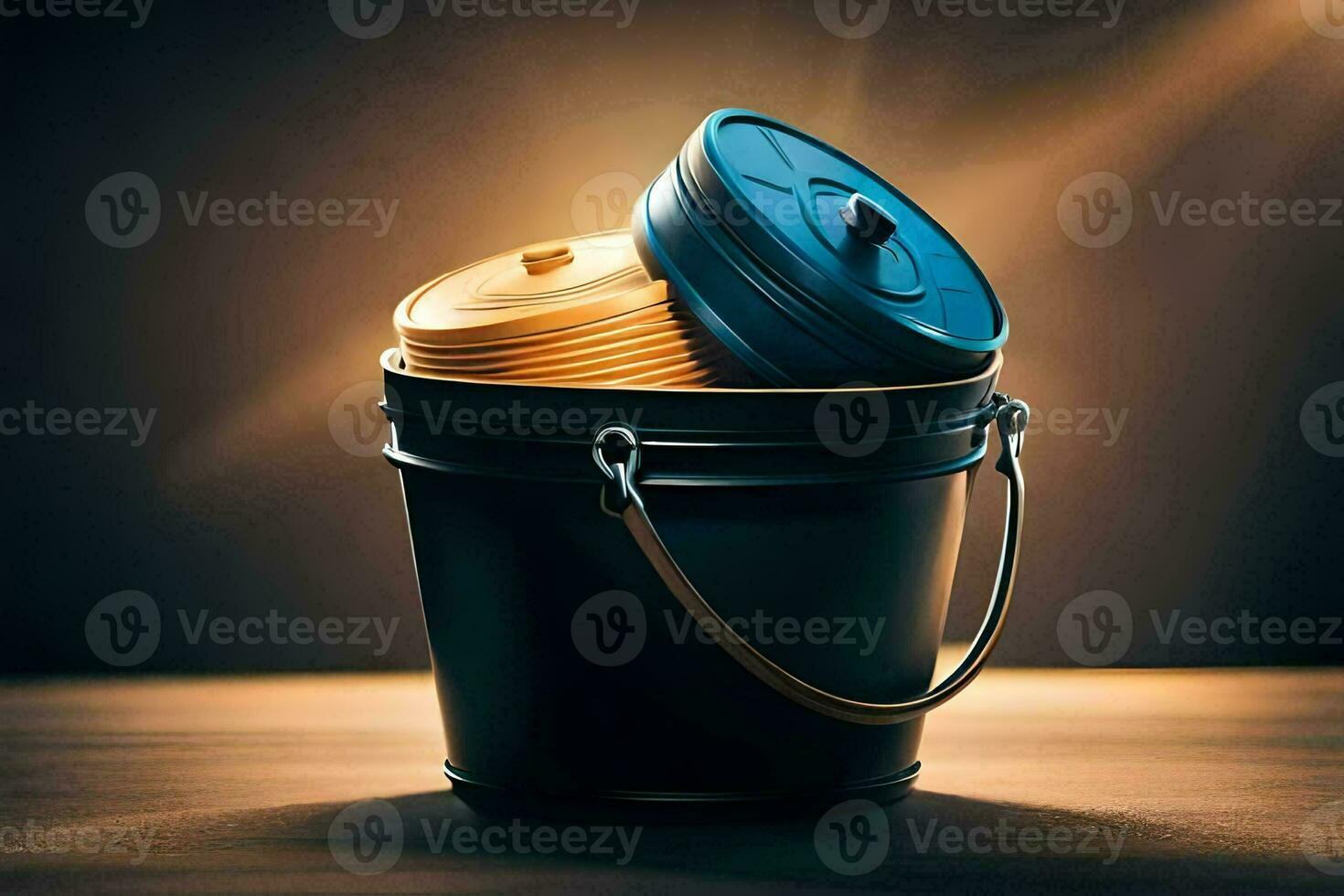 a bucket with two blue lids and one black lid. AI-Generated photo
