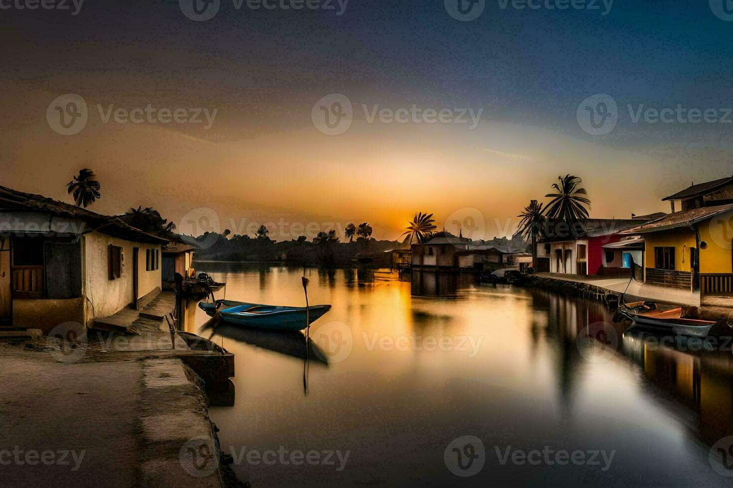 a boat is docked in the water at sunset. AI-Generated photo